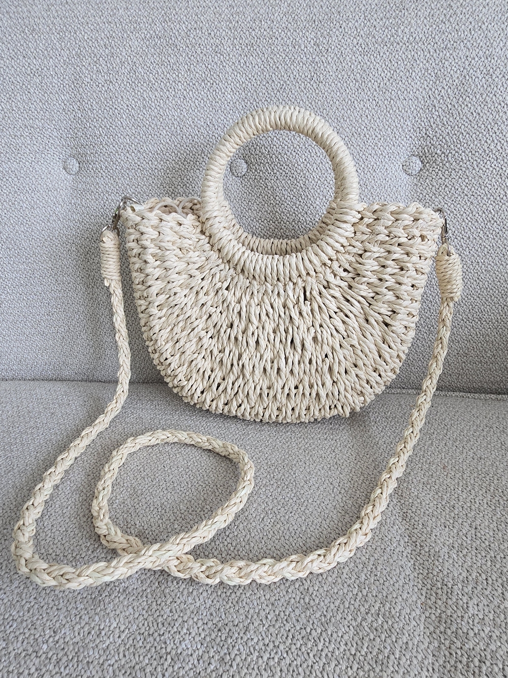 Woven Straw Cream Bucket Bag Crossbody Top Handle Parisian Summer Chic